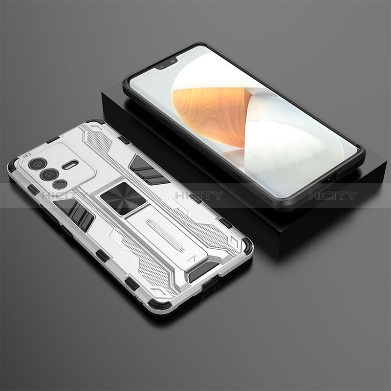 Coque Contour Silicone et Plastique Housse Etui Mat avec Aimant Magnetique Support KC2 pour Vivo V23 Pro 5G Blanc Plus