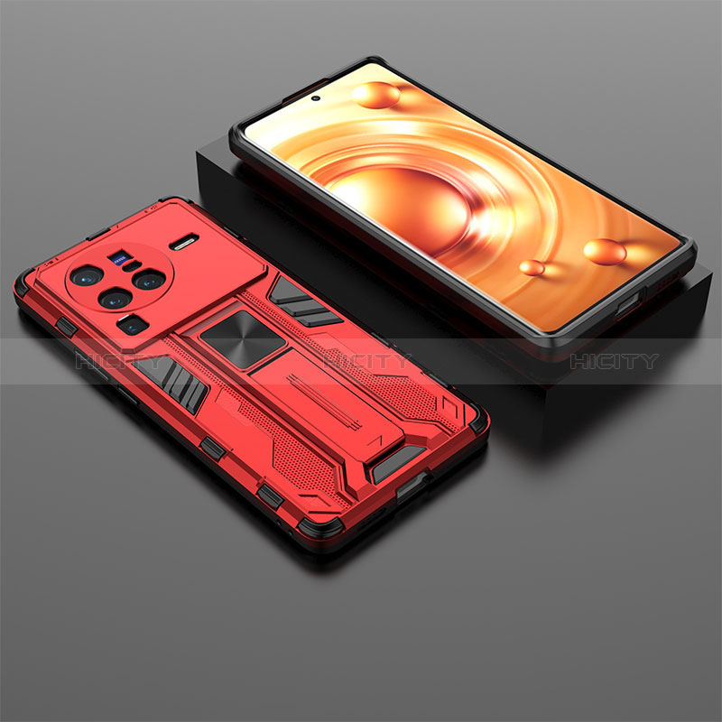 Coque Contour Silicone et Plastique Housse Etui Mat avec Aimant Magnetique Support KC2 pour Vivo X80 Pro 5G Rouge Plus