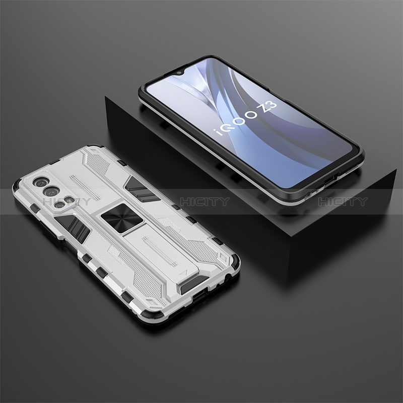 Coque Contour Silicone et Plastique Housse Etui Mat avec Aimant Magnetique Support KC2 pour Vivo Y72 5G Blanc Plus