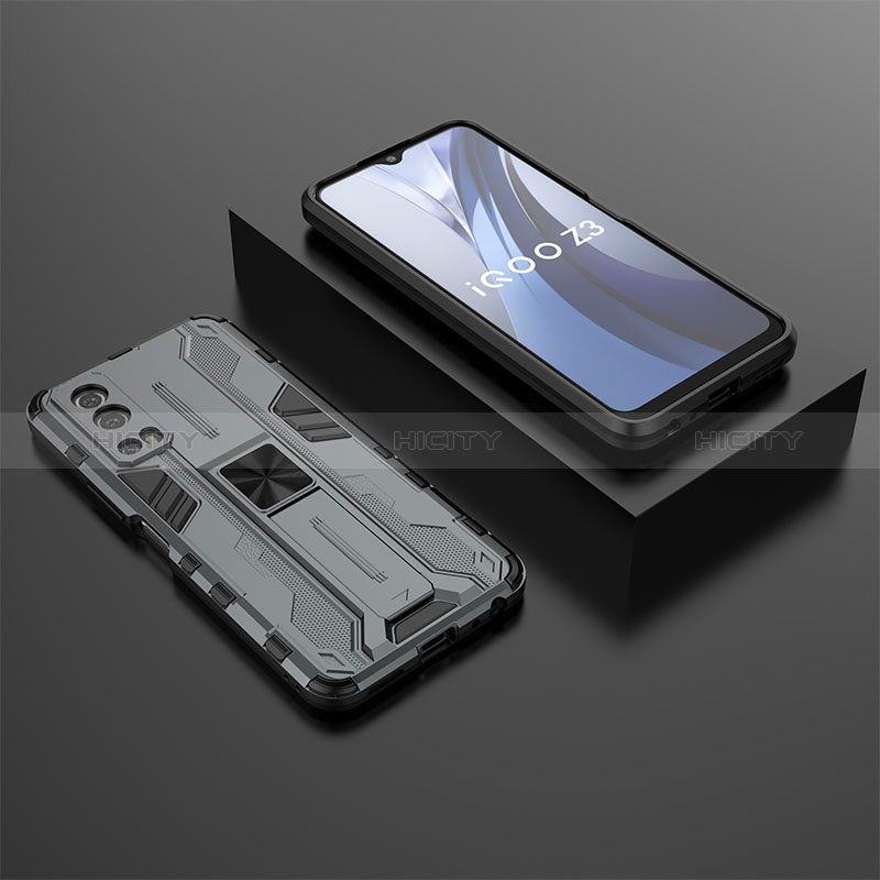 Coque Contour Silicone et Plastique Housse Etui Mat avec Aimant Magnetique Support KC2 pour Vivo Y72 5G Gris Plus