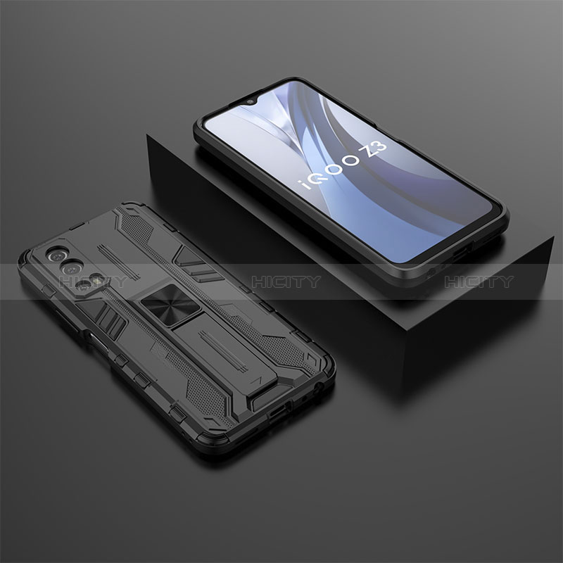 Coque Contour Silicone et Plastique Housse Etui Mat avec Aimant Magnetique Support KC2 pour Vivo Y72 5G Noir Plus