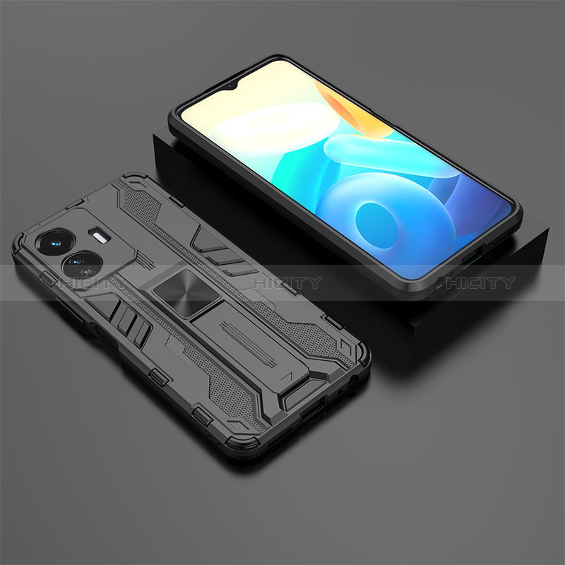 Coque Contour Silicone et Plastique Housse Etui Mat avec Aimant Magnetique Support KC2 pour Vivo Y77 5G Noir Plus