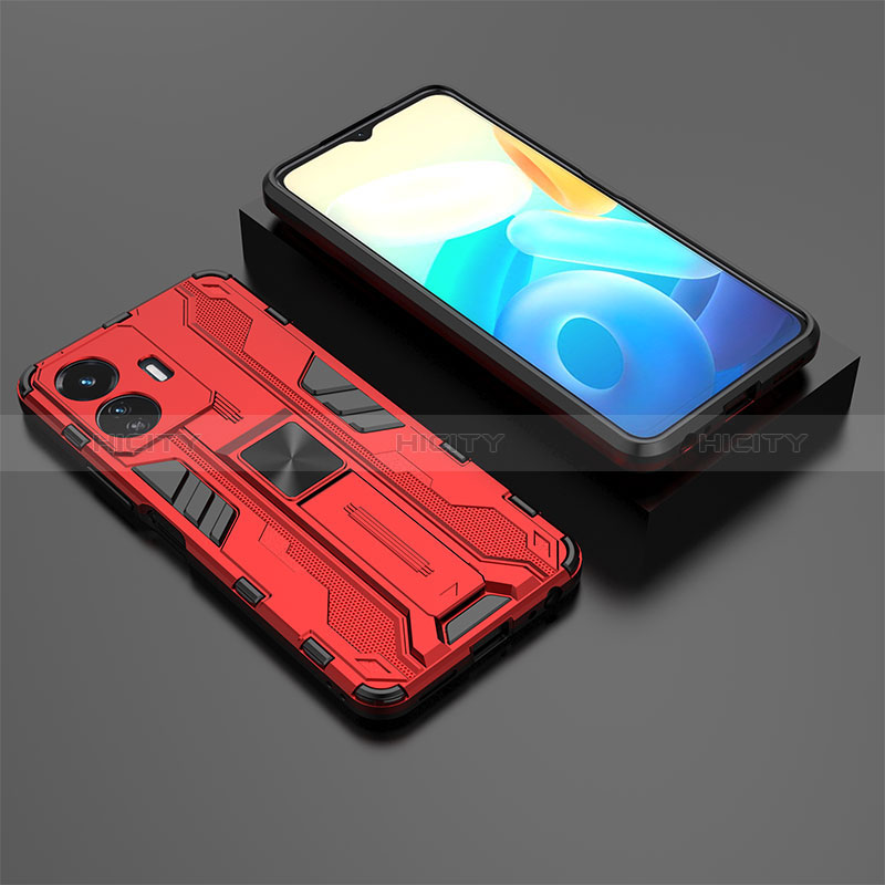 Coque Contour Silicone et Plastique Housse Etui Mat avec Aimant Magnetique Support KC2 pour Vivo Y77 5G Rouge Plus