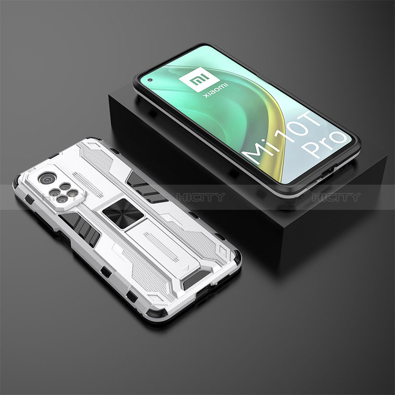 Coque Contour Silicone et Plastique Housse Etui Mat avec Aimant Magnetique Support KC2 pour Xiaomi Mi 10T Pro 5G Blanc Plus