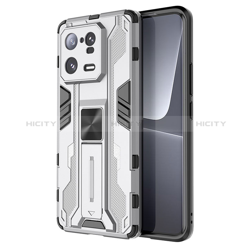 Coque Contour Silicone et Plastique Housse Etui Mat avec Aimant Magnetique Support KC2 pour Xiaomi Mi 13 Pro 5G Blanc Plus