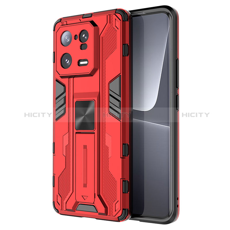 Coque Contour Silicone et Plastique Housse Etui Mat avec Aimant Magnetique Support KC2 pour Xiaomi Mi 13 Pro 5G Rouge Plus