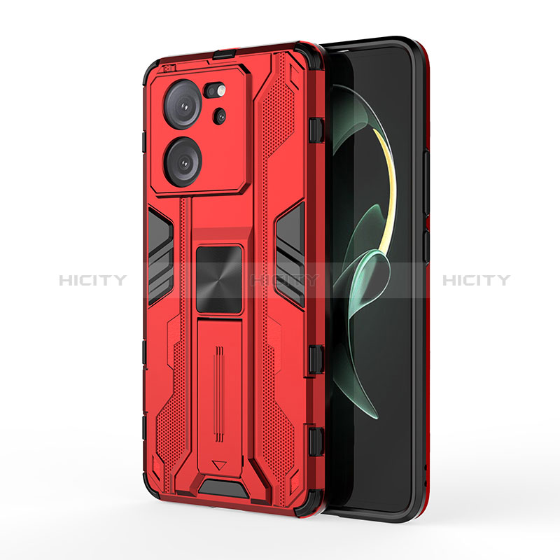 Coque Contour Silicone et Plastique Housse Etui Mat avec Aimant Magnetique Support KC2 pour Xiaomi Mi 13T 5G Rouge Plus