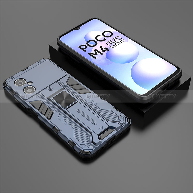 Coque Contour Silicone et Plastique Housse Etui Mat avec Aimant Magnetique Support KC2 pour Xiaomi Poco M4 5G Bleu Plus