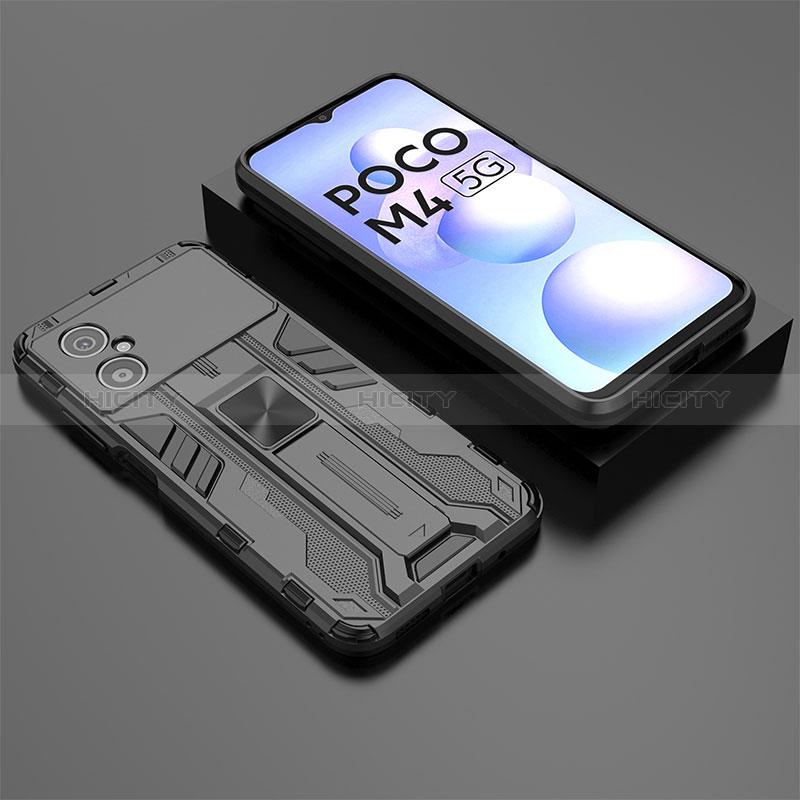 Coque Contour Silicone et Plastique Housse Etui Mat avec Aimant Magnetique Support KC2 pour Xiaomi Poco M4 5G Noir Plus