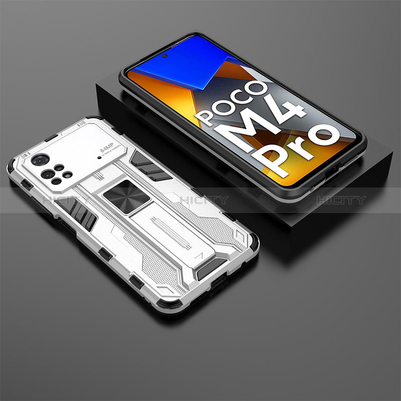 Coque Contour Silicone et Plastique Housse Etui Mat avec Aimant Magnetique Support KC2 pour Xiaomi Poco M4 Pro 4G Blanc Plus