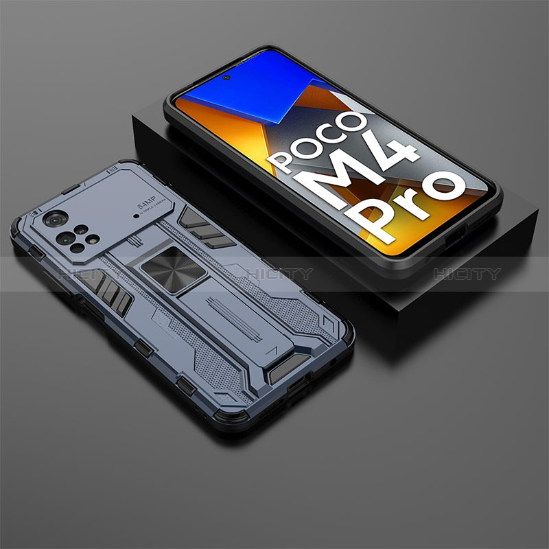 Coque Contour Silicone et Plastique Housse Etui Mat avec Aimant Magnetique Support KC2 pour Xiaomi Poco M4 Pro 4G Bleu Plus