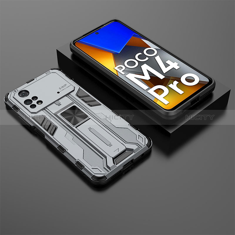 Coque Contour Silicone et Plastique Housse Etui Mat avec Aimant Magnetique Support KC2 pour Xiaomi Poco M4 Pro 4G Gris Plus