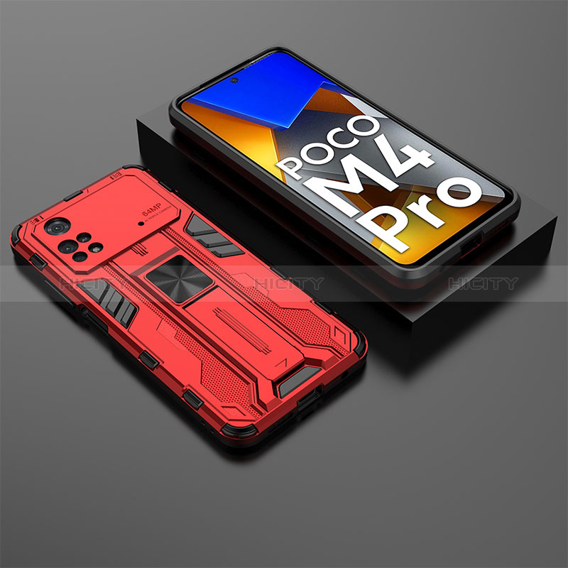 Coque Contour Silicone et Plastique Housse Etui Mat avec Aimant Magnetique Support KC2 pour Xiaomi Poco M4 Pro 4G Rouge Plus