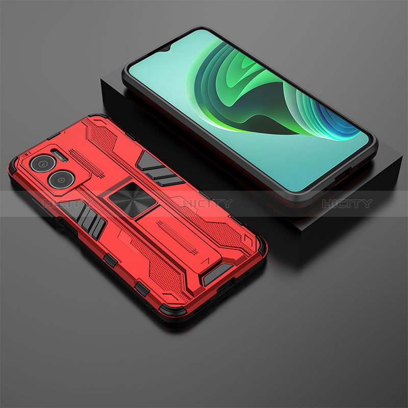 Coque Contour Silicone et Plastique Housse Etui Mat avec Aimant Magnetique Support KC2 pour Xiaomi Redmi 11 Prime 5G Rouge Plus