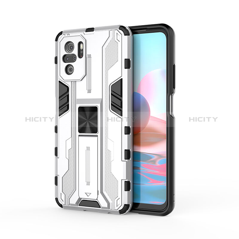 Coque Contour Silicone et Plastique Housse Etui Mat avec Aimant Magnetique Support KC2 pour Xiaomi Redmi Note 10 4G Blanc Plus