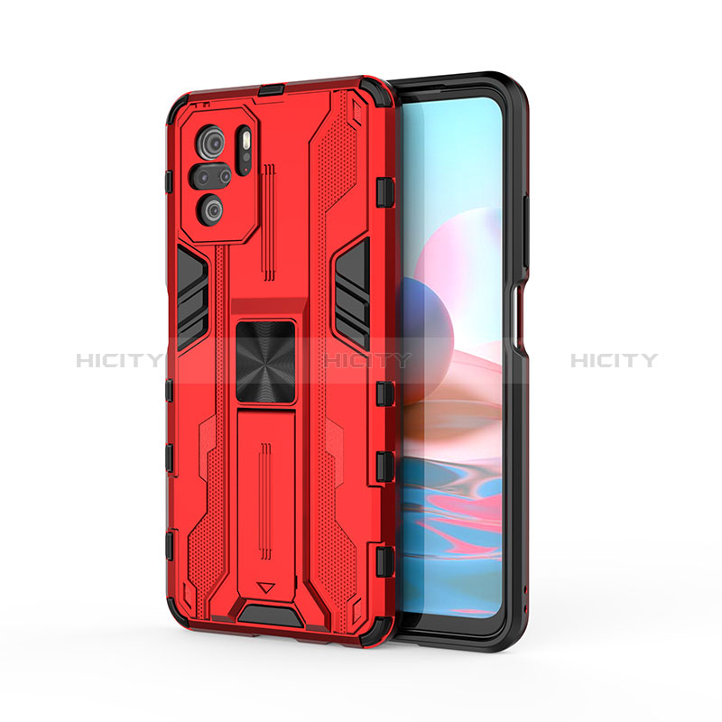 Coque Contour Silicone et Plastique Housse Etui Mat avec Aimant Magnetique Support KC2 pour Xiaomi Redmi Note 10 4G Rouge Plus