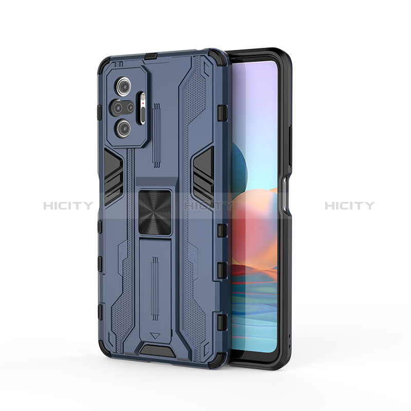 Coque Contour Silicone et Plastique Housse Etui Mat avec Aimant Magnetique Support KC2 pour Xiaomi Redmi Note 10 Pro 4G Bleu Plus