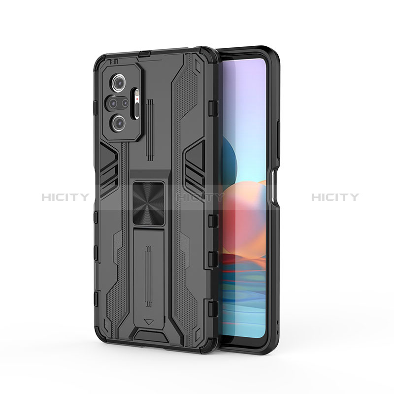 Coque Contour Silicone et Plastique Housse Etui Mat avec Aimant Magnetique Support KC2 pour Xiaomi Redmi Note 10 Pro 4G Noir Plus