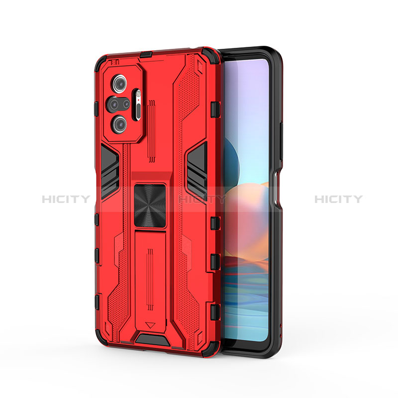 Coque Contour Silicone et Plastique Housse Etui Mat avec Aimant Magnetique Support KC2 pour Xiaomi Redmi Note 10 Pro 4G Rouge Plus