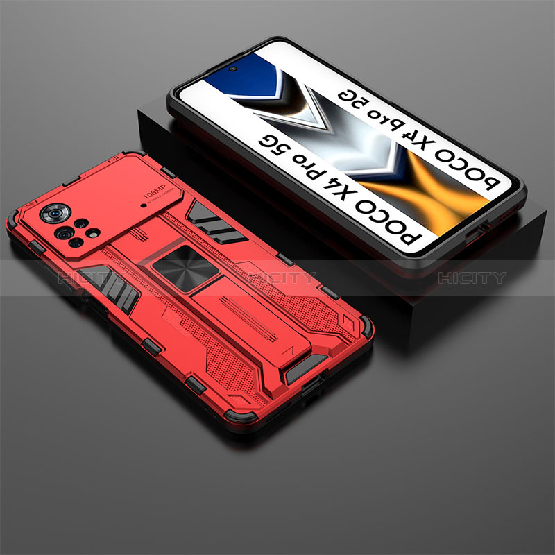 Coque Contour Silicone et Plastique Housse Etui Mat avec Aimant Magnetique Support KC2 pour Xiaomi Redmi Note 11E Pro 5G Rouge Plus