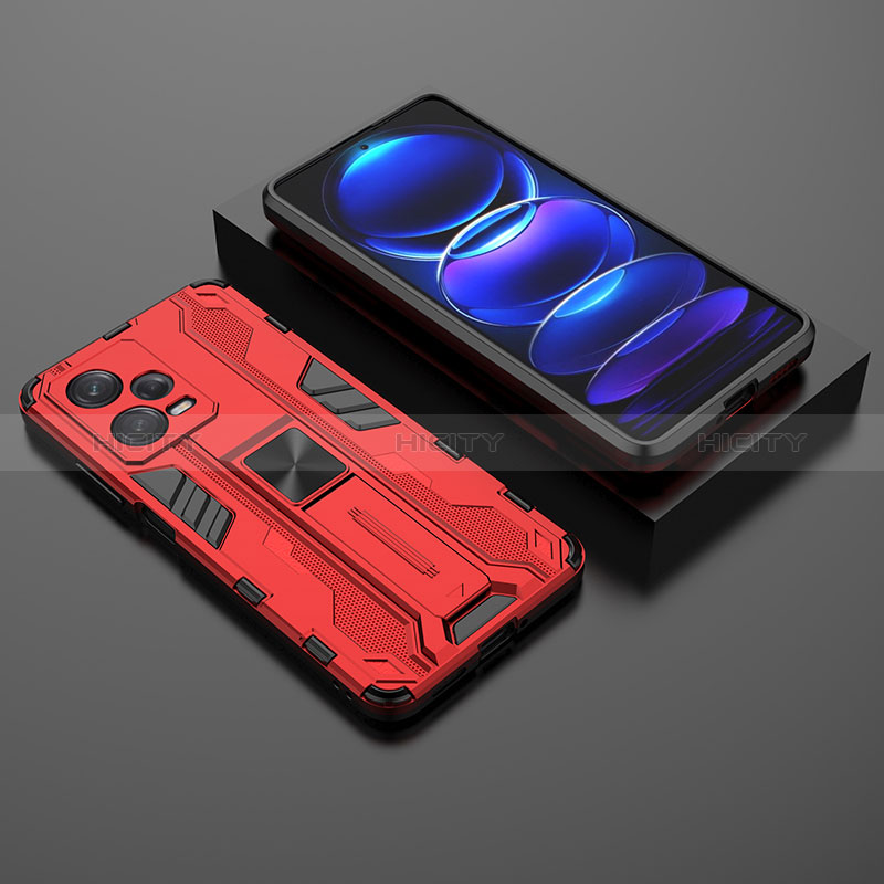 Coque Contour Silicone et Plastique Housse Etui Mat avec Aimant Magnetique Support KC2 pour Xiaomi Redmi Note 12 Pro 5G Rouge Plus
