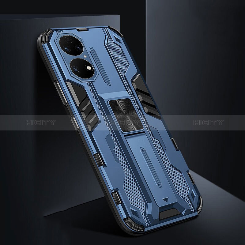 Coque Contour Silicone et Plastique Housse Etui Mat avec Aimant Magnetique Support KC3 pour Huawei P50 Pro Bleu Plus