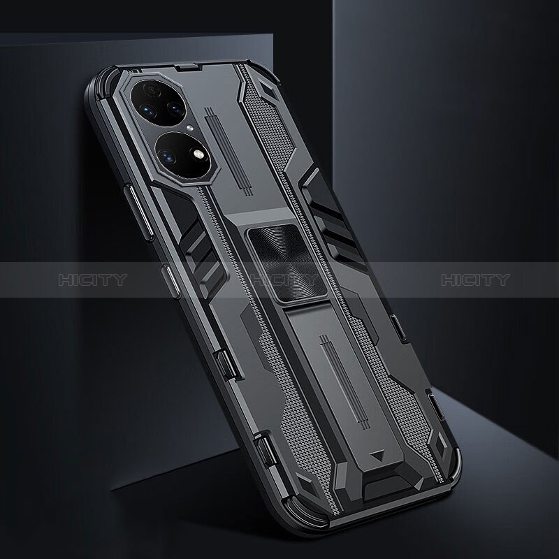 Coque Contour Silicone et Plastique Housse Etui Mat avec Aimant Magnetique Support KC3 pour Huawei P50 Pro Noir Plus