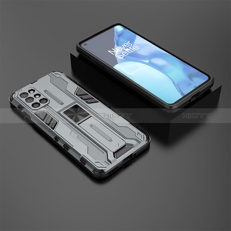 Coque Contour Silicone et Plastique Housse Etui Mat avec Aimant Magnetique Support KC3 pour OnePlus 9R 5G Gris Plus