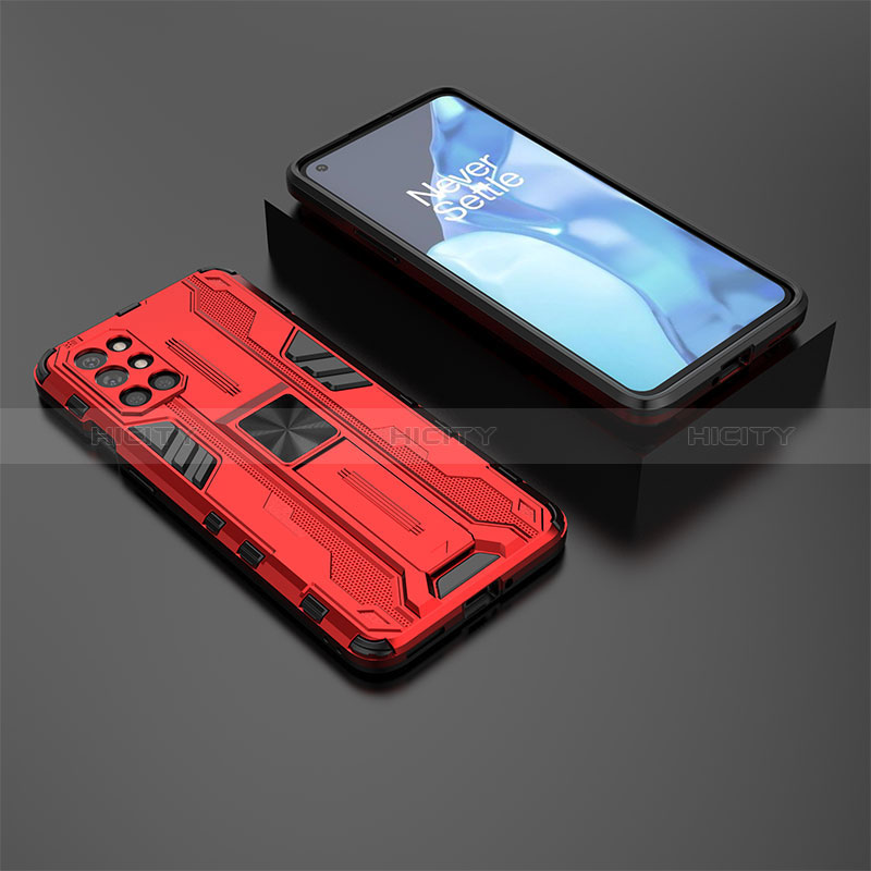 Coque Contour Silicone et Plastique Housse Etui Mat avec Aimant Magnetique Support KC3 pour OnePlus 9R 5G Rouge Plus