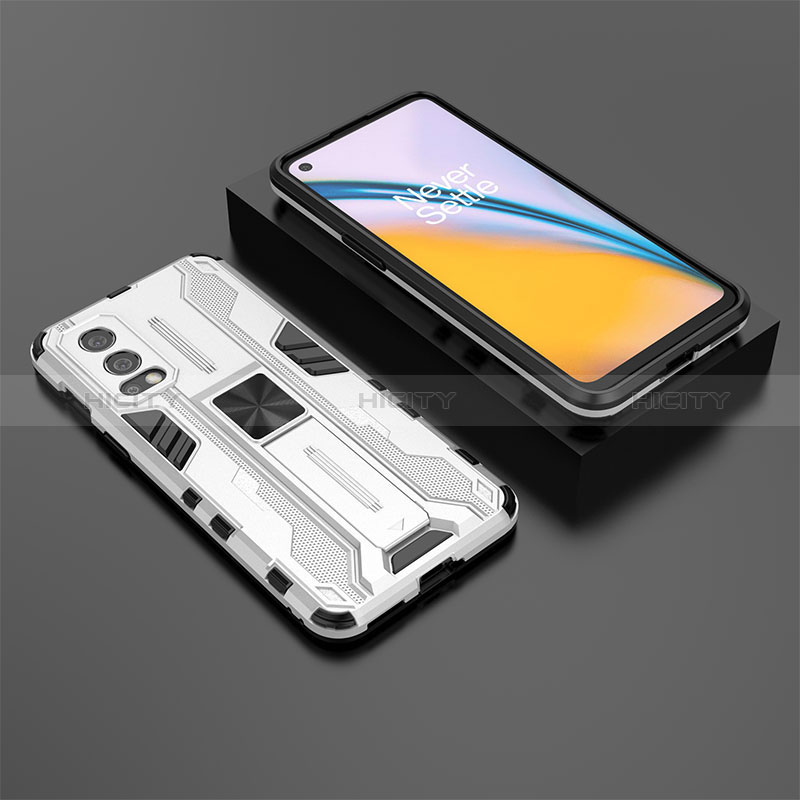 Coque Contour Silicone et Plastique Housse Etui Mat avec Aimant Magnetique Support KC3 pour OnePlus Nord 2 5G Blanc Plus