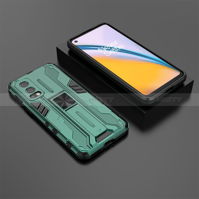 Coque Contour Silicone et Plastique Housse Etui Mat avec Aimant Magnetique Support KC3 pour OnePlus Nord 2 5G Vert Plus