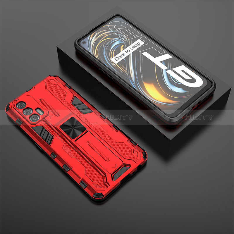 Coque Contour Silicone et Plastique Housse Etui Mat avec Aimant Magnetique Support KC3 pour Realme GT 5G Rouge Plus