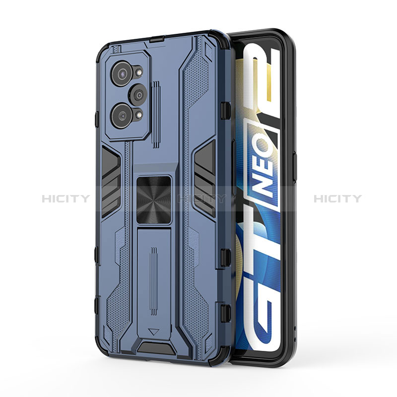 Coque Contour Silicone et Plastique Housse Etui Mat avec Aimant Magnetique Support KC3 pour Realme GT Neo 3T 5G Bleu Plus