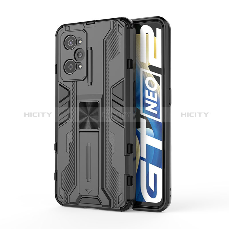 Coque Contour Silicone et Plastique Housse Etui Mat avec Aimant Magnetique Support KC3 pour Realme GT Neo 3T 5G Noir Plus