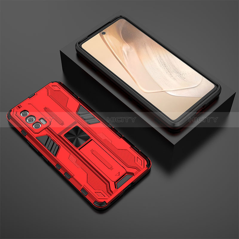 Coque Contour Silicone et Plastique Housse Etui Mat avec Aimant Magnetique Support KC3 pour Vivo iQOO 7 India 5G Rouge Plus