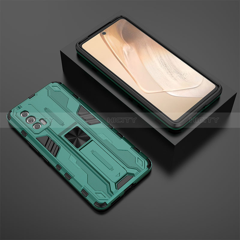 Coque Contour Silicone et Plastique Housse Etui Mat avec Aimant Magnetique Support KC3 pour Vivo iQOO 7 India 5G Vert Plus