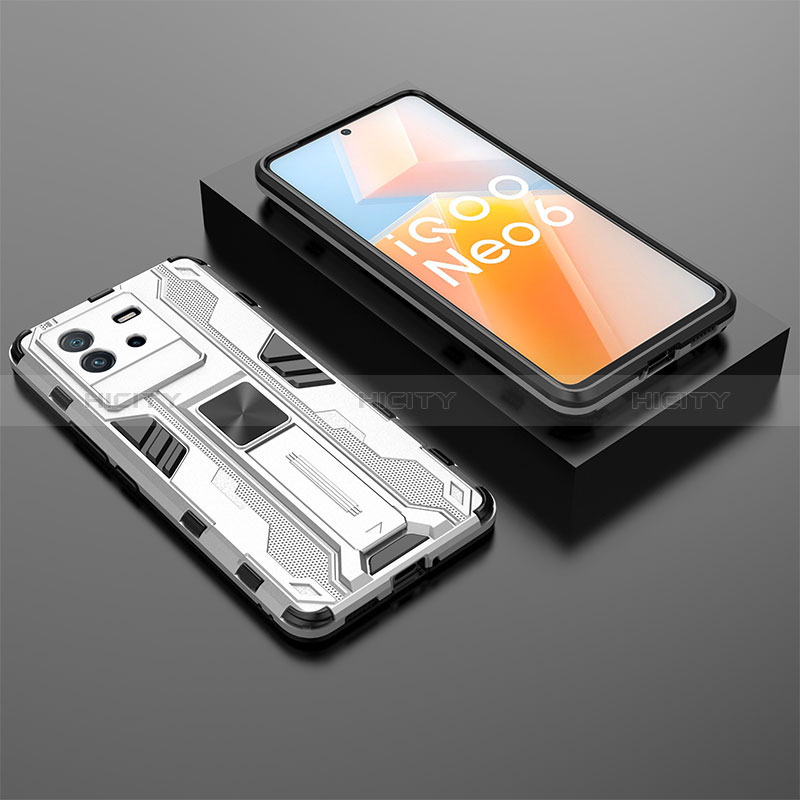 Coque Contour Silicone et Plastique Housse Etui Mat avec Aimant Magnetique Support KC3 pour Vivo iQOO Neo6 SE 5G Blanc Plus