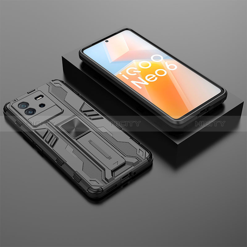 Coque Contour Silicone et Plastique Housse Etui Mat avec Aimant Magnetique Support KC3 pour Vivo iQOO Neo6 SE 5G Noir Plus