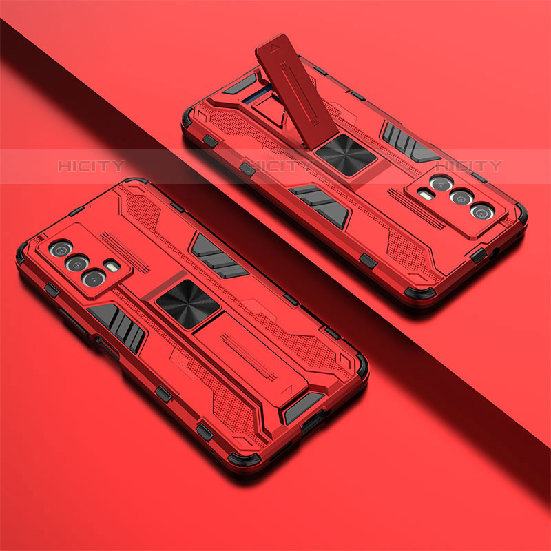 Coque Contour Silicone et Plastique Housse Etui Mat avec Aimant Magnetique Support KC3 pour Vivo iQOO Z5 5G Rouge Plus