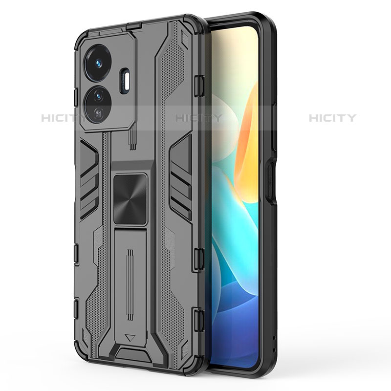 Coque Contour Silicone et Plastique Housse Etui Mat avec Aimant Magnetique Support KC3 pour Vivo iQOO Z6 Lite 5G Noir Plus