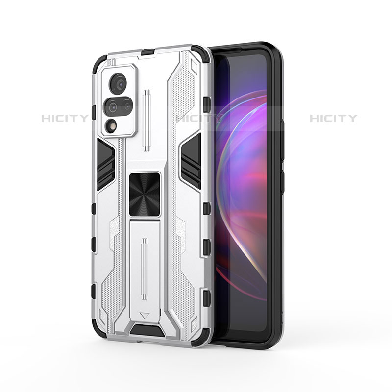 Coque Contour Silicone et Plastique Housse Etui Mat avec Aimant Magnetique Support KC3 pour Vivo V21s 5G Blanc Plus