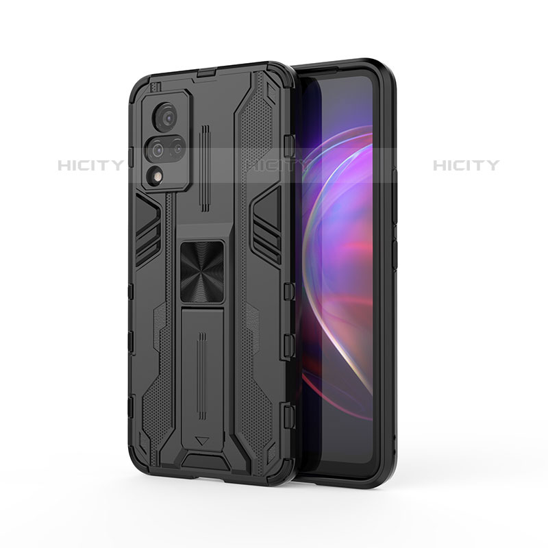 Coque Contour Silicone et Plastique Housse Etui Mat avec Aimant Magnetique Support KC3 pour Vivo V21s 5G Noir Plus