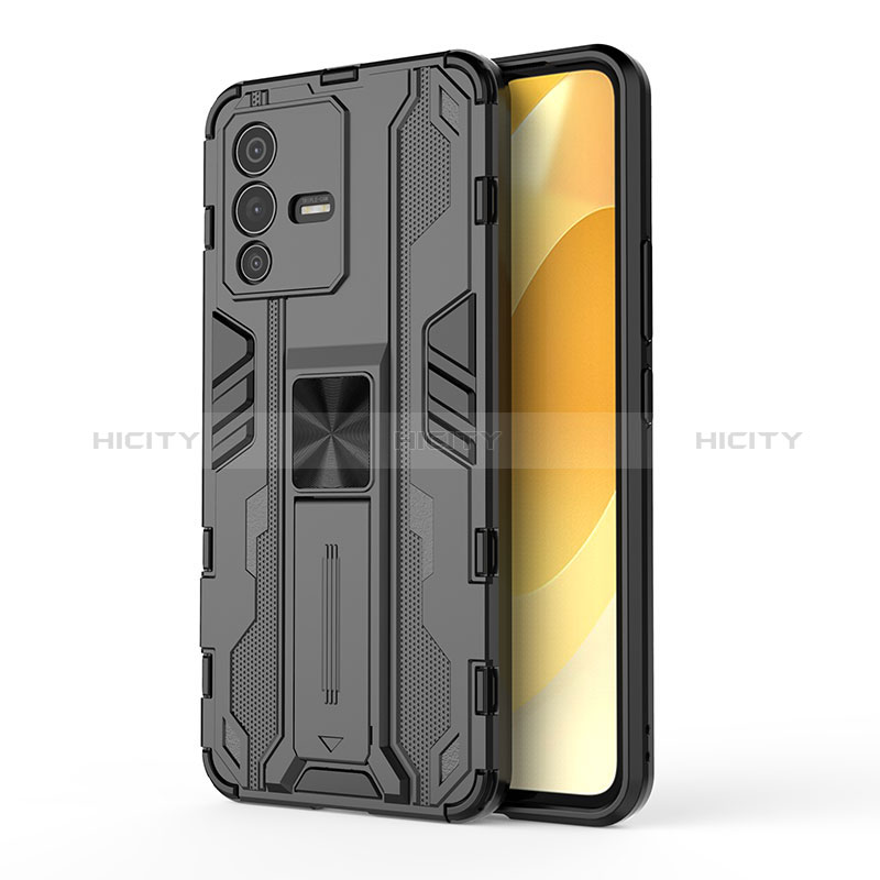 Coque Contour Silicone et Plastique Housse Etui Mat avec Aimant Magnetique Support KC3 pour Vivo V23 5G Noir Plus