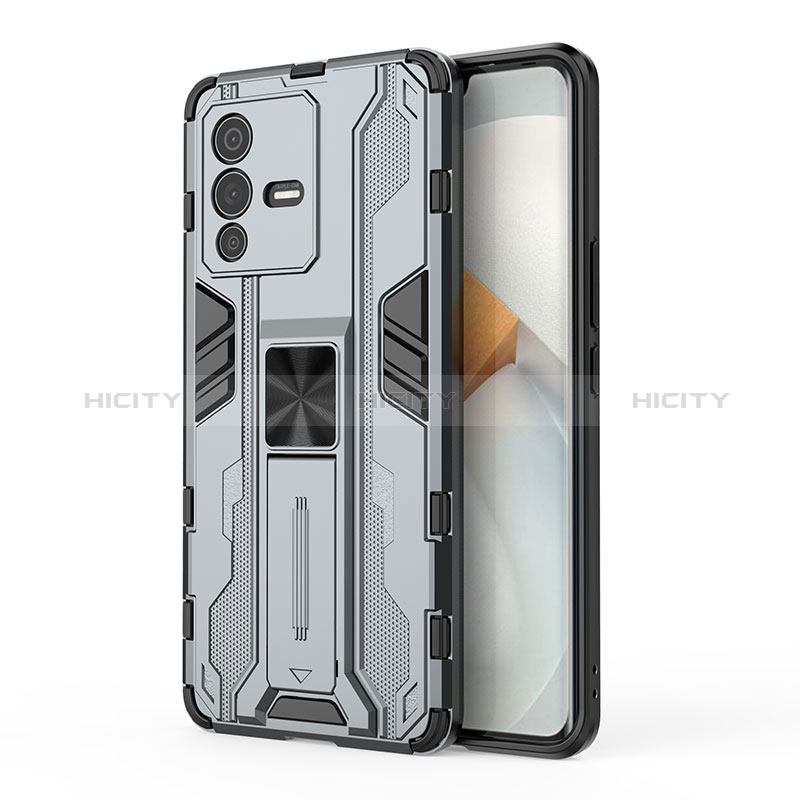 Coque Contour Silicone et Plastique Housse Etui Mat avec Aimant Magnetique Support KC3 pour Vivo V23 Pro 5G Gris Plus