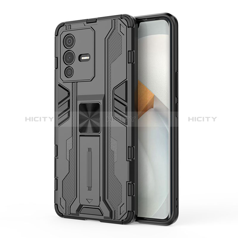 Coque Contour Silicone et Plastique Housse Etui Mat avec Aimant Magnetique Support KC3 pour Vivo V23 Pro 5G Noir Plus