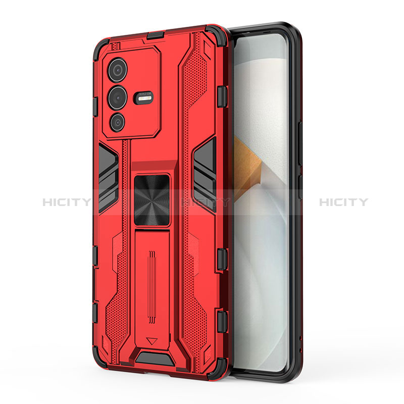 Coque Contour Silicone et Plastique Housse Etui Mat avec Aimant Magnetique Support KC3 pour Vivo V23 Pro 5G Rouge Plus