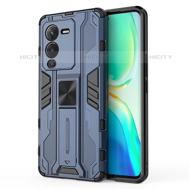 Coque Contour Silicone et Plastique Housse Etui Mat avec Aimant Magnetique Support KC3 pour Vivo V25 Pro 5G Bleu Plus