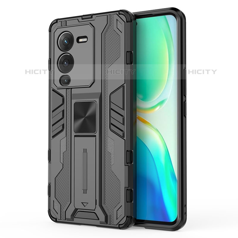 Coque Contour Silicone et Plastique Housse Etui Mat avec Aimant Magnetique Support KC3 pour Vivo V25 Pro 5G Noir Plus