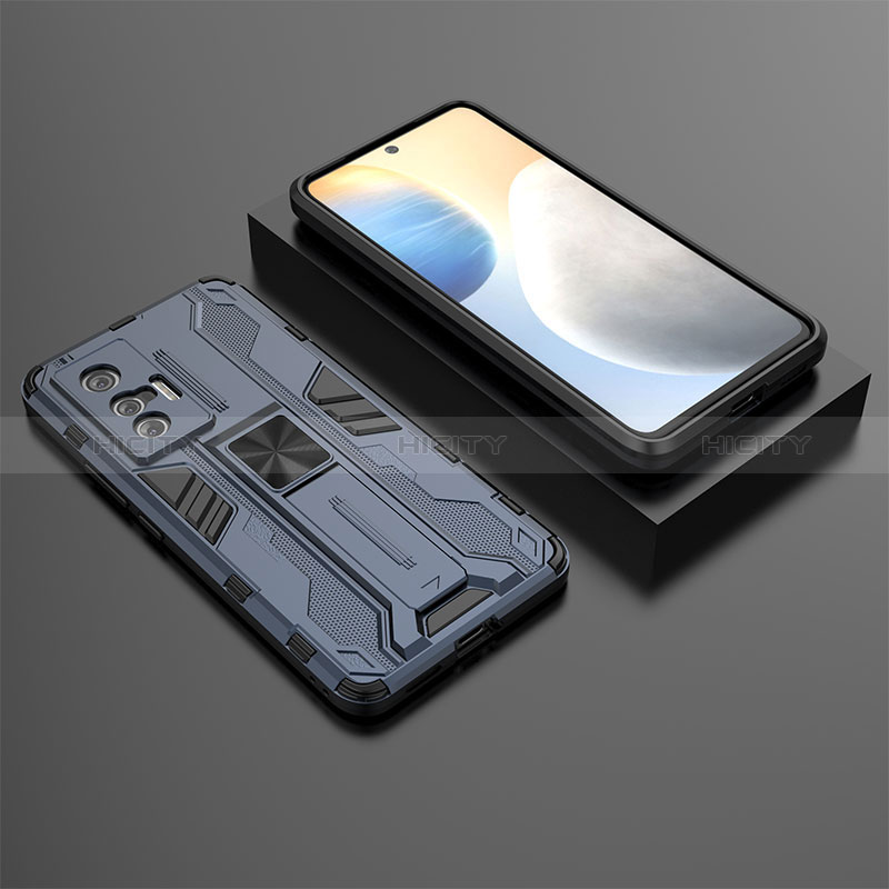 Coque Contour Silicone et Plastique Housse Etui Mat avec Aimant Magnetique Support KC3 pour Vivo X70 5G Bleu Plus