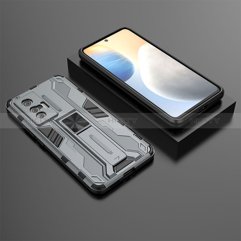 Coque Contour Silicone et Plastique Housse Etui Mat avec Aimant Magnetique Support KC3 pour Vivo X70 5G Gris Plus